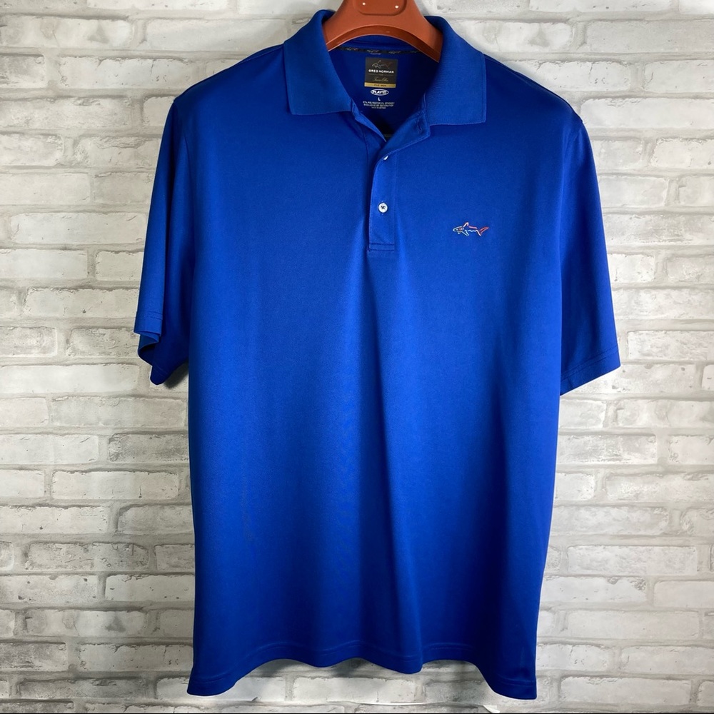 Greg Norman for Tasso Elba Mens Blue Short Sleeve Five Iron Golf Polo Si…
